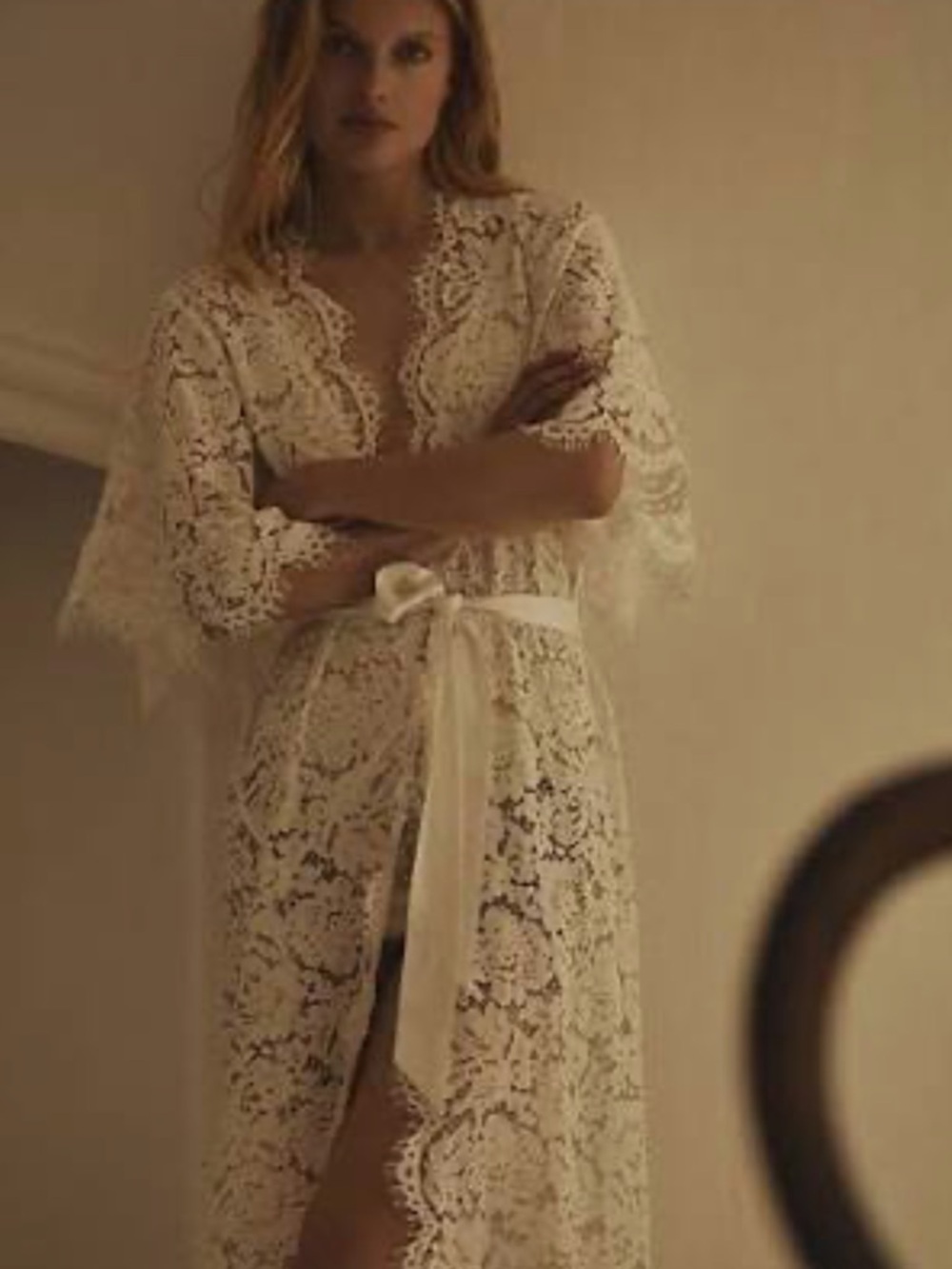 Sheer Lace Kimono Robe in Cream with Satin Tie - Women Intimates & Sleepwear